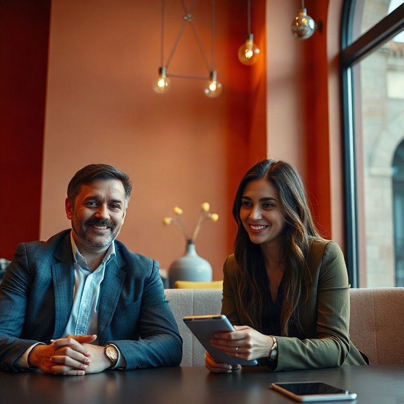 Dos profesionales en una videollamada de mentoría con luz cálida