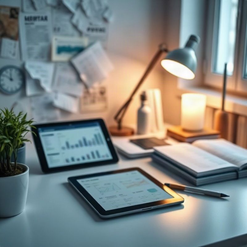 Espacio de trabajo con documentos de planificación y tablet digital